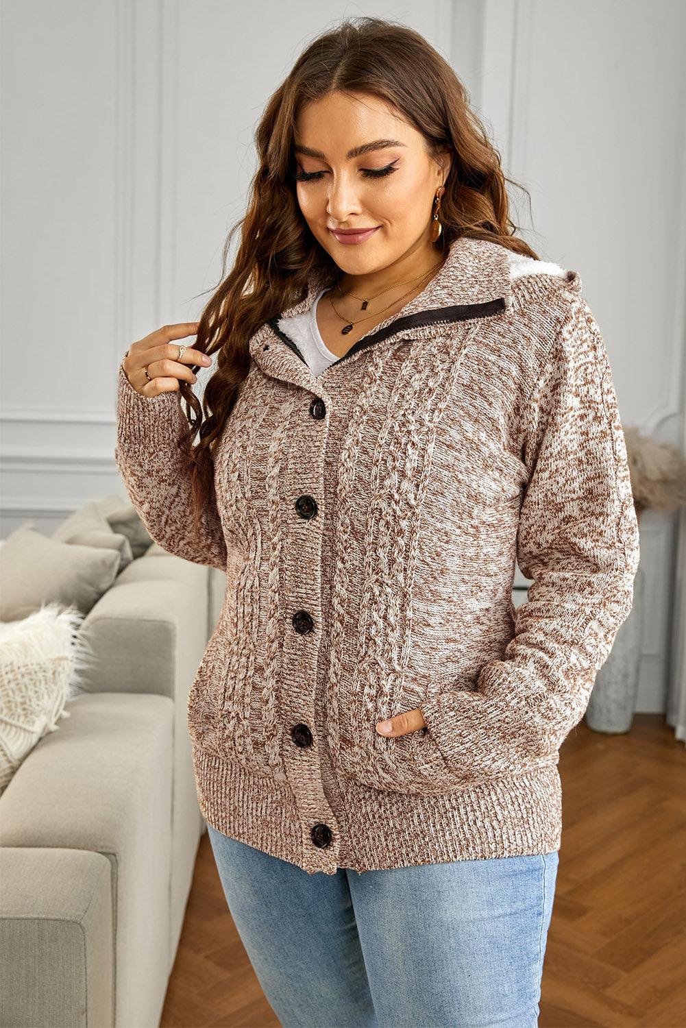 Cable-Knit Fleece Lining Button-Up Hooded Cardigan – Flyclothing LLC