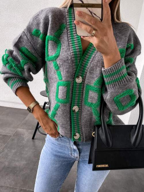 Geometric Dropped Shoulder Button Down Cardigan - Trendsi - Flyclothing LLC