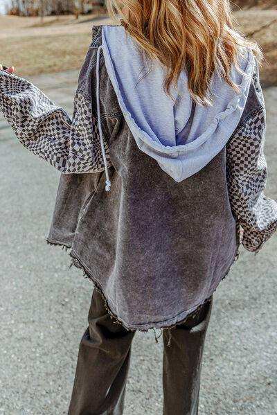 Plaid Snap Down Raw Hem Drawstring Hooded Jacket - Trendsi - Flyclothing LLC