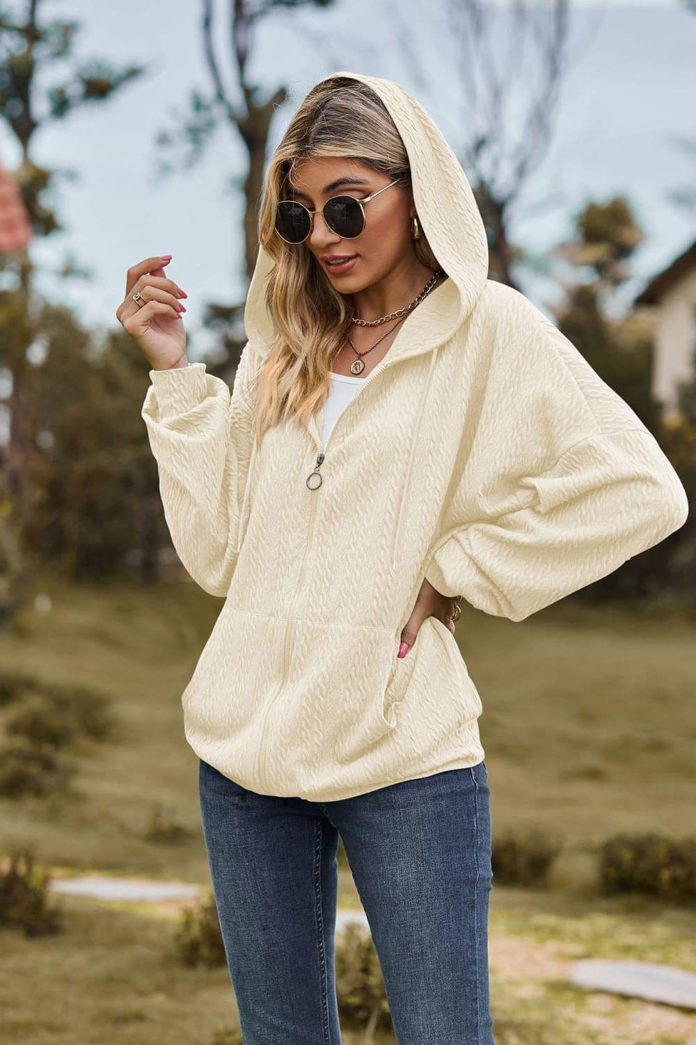 Cable-Knit Long Sleeve Hooded Jacket - Trendsi - Flyclothing LLC