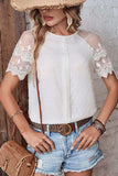 Swiss Dot Spliced Lace Round Neck Blouse - Trendsi