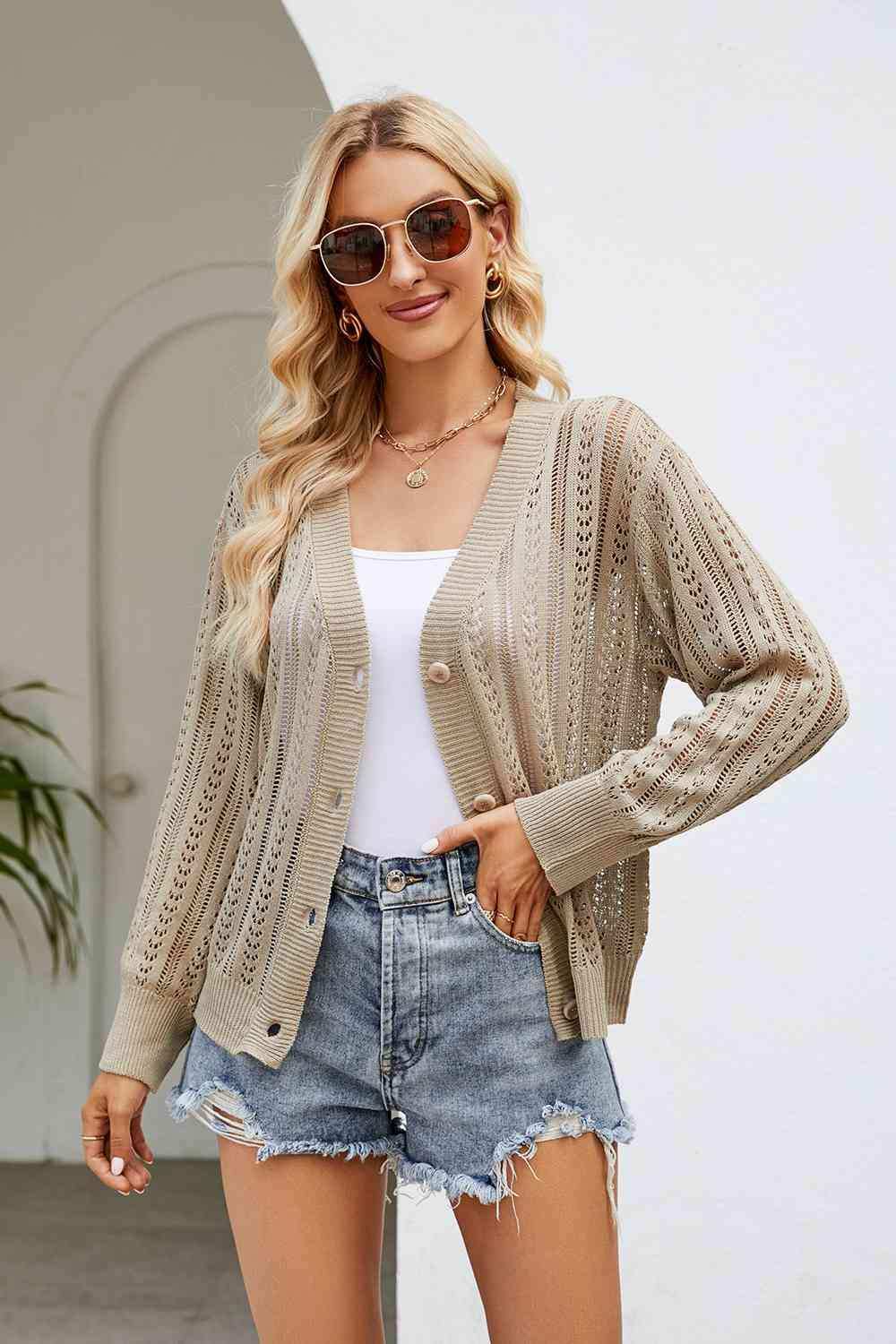 Openwork Button Front V-Neck Cardigan - Trendsi - Flyclothing LLC