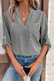 Striped Notched Roll-Tab Sleeve Shirt - Trendsi - Flyclothing LLC