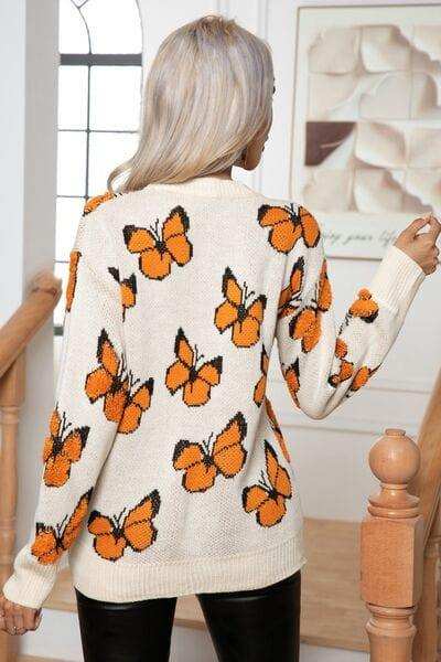 Butterfly Round Neck Long Sleeve Sweater - Trendsi - Flyclothing LLC