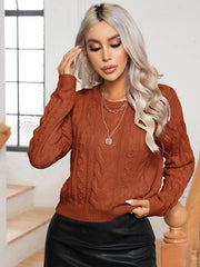Cable-Knit Round Neck Long Sleeve Sweater - Trendsi