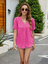Ruched Short Sleeve V-Neck Blouse - Trendsi - Flyclothing LLC