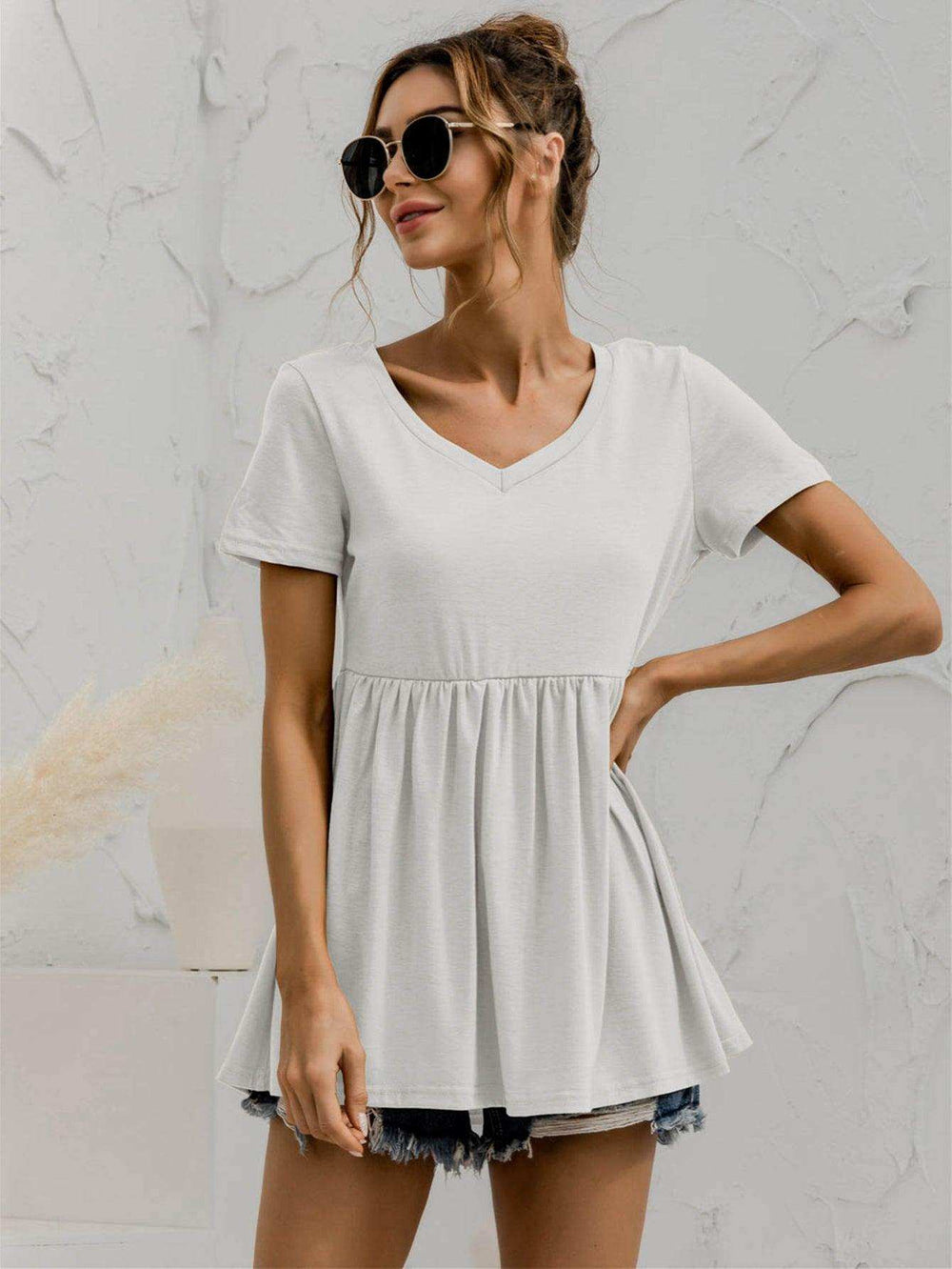 V-Neck Short Sleeve Babydoll Top - Trendsi - Flyclothing LLC