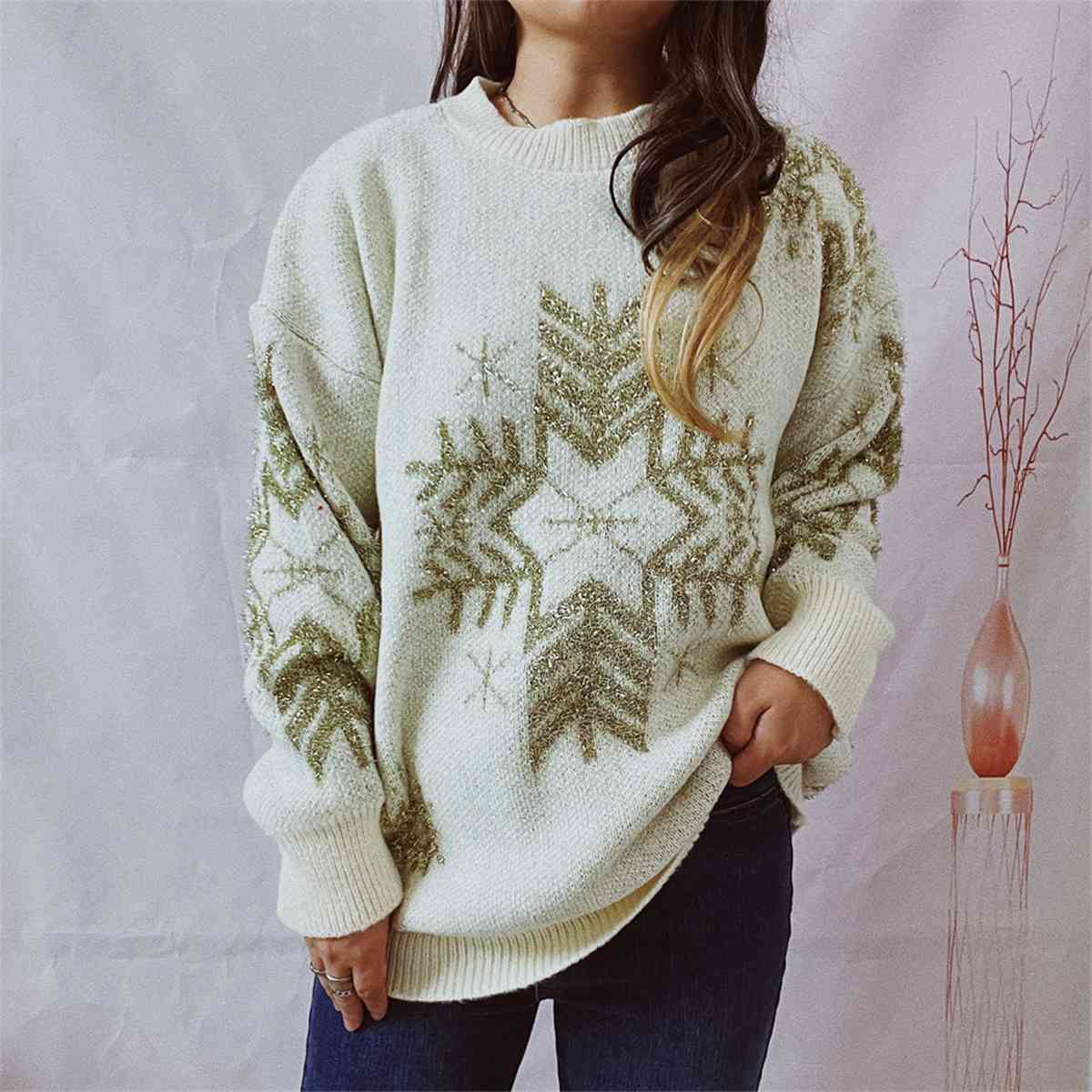 Snowflake Pattern Long Sleeve Sweater - Trendsi - Flyclothing LLC