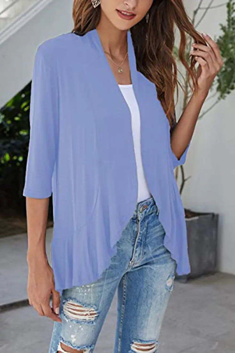 Open Front Ruffle Trim Cardigan - Trendsi - Flyclothing LLC