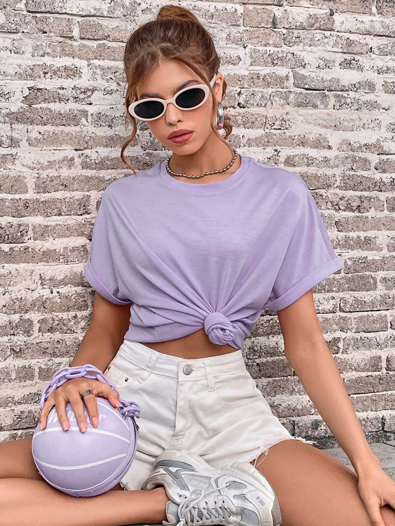 Round Neck Cuffed Sleeve T-Shirt - Trendsi - Flyclothing LLC