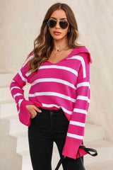 Striped Collared Neck Slit Sweater - Trendsi - Flyclothing LLC