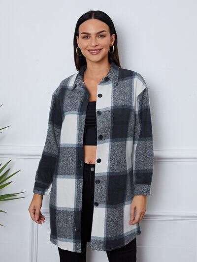 Plaid Button Up Collared Neck Outerwear - Trendsi