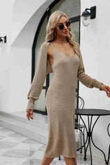 Knit Slit Tank Dress and Bolero Set - Trendsi - Flyclothing LLC