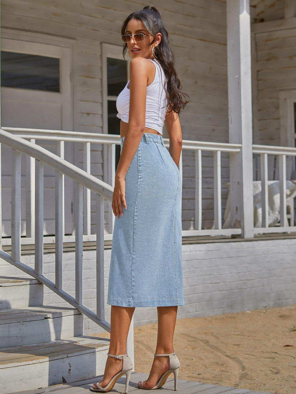 Button Down Denim Skirt - Trendsi - Flyclothing LLC