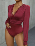 Lace Detail Plunge Long Sleeve Bodysuit - Trendsi - Flyclothing LLC