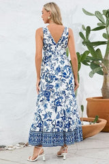 Printed V-Neck Wide Strap Dress - Trendsi