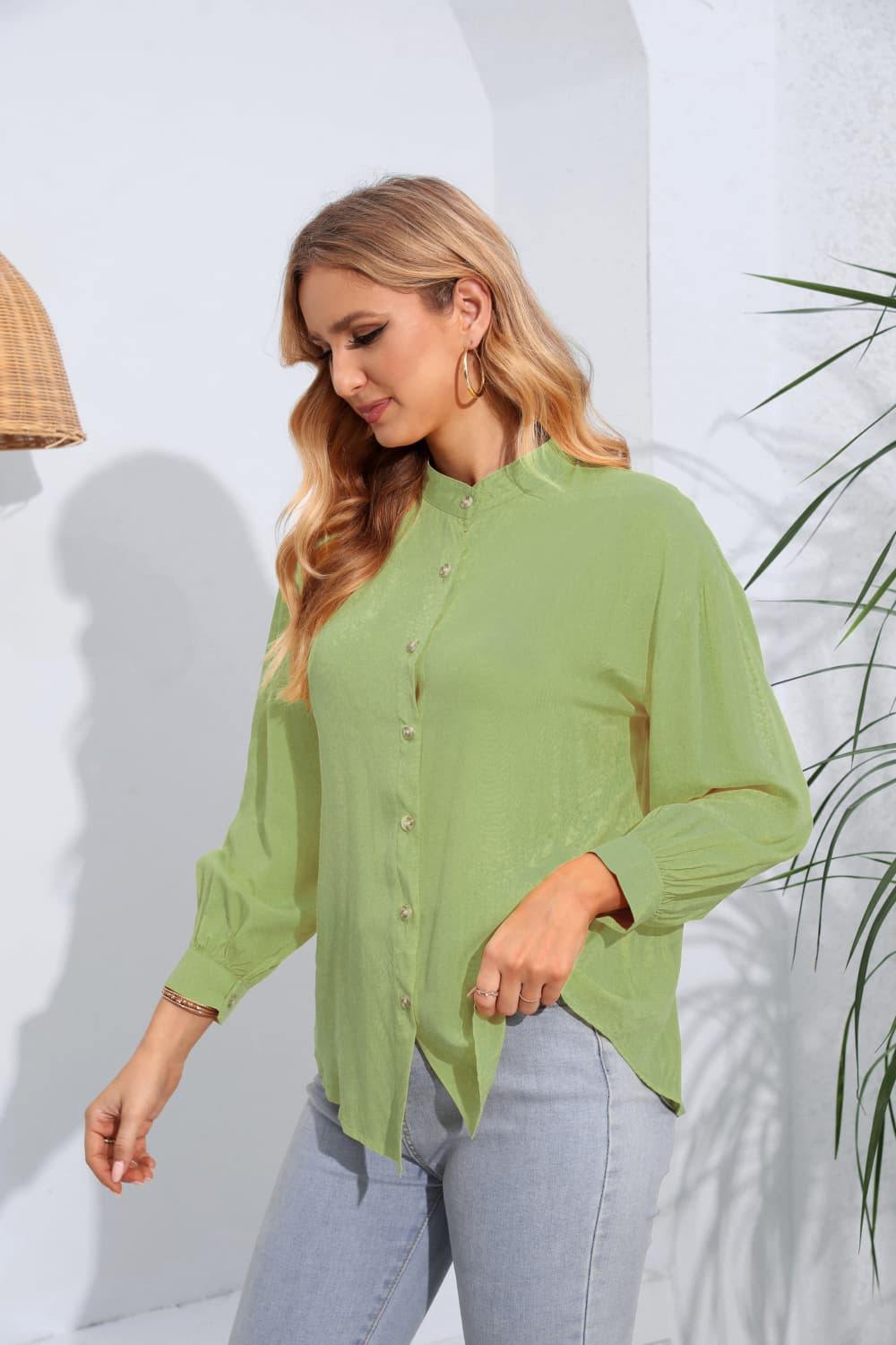 Mock Neck Buttoned Long Sleeve Shirt - Trendsi
