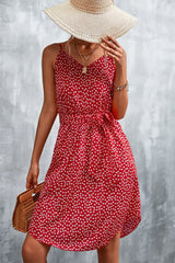 Printed V-Neck Tie Waist Mini Dress - Trendsi - Flyclothing LLC