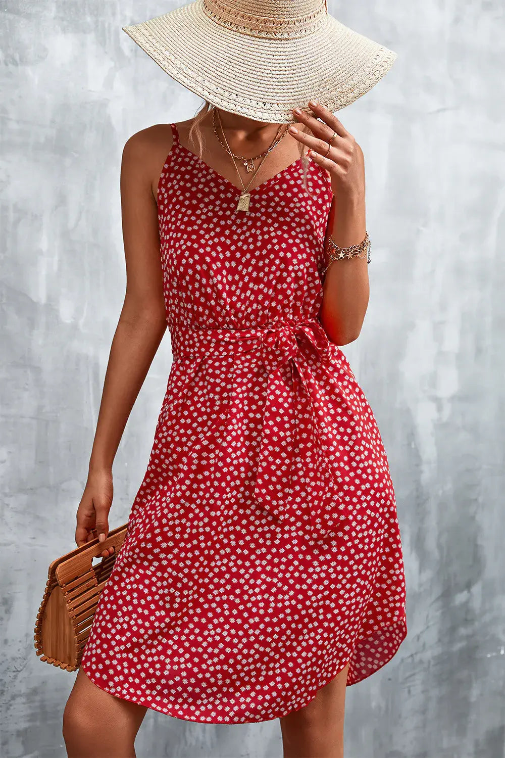 Printed V-Neck Tie Waist Mini Dress - Trendsi - Flyclothing LLC