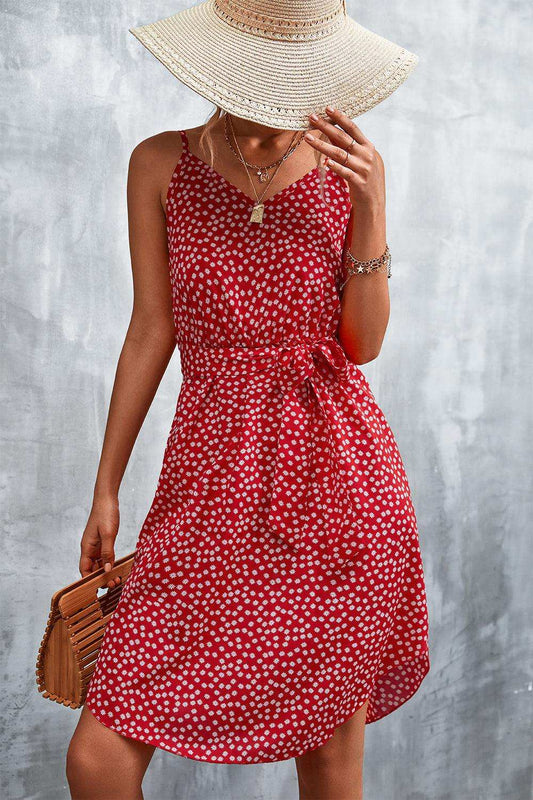 Printed V-Neck Tie Waist Mini Dress - Trendsi - Flyclothing LLC
