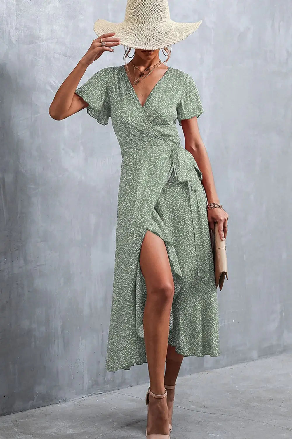 Floral Surplice Neck Tied Midi Dress - Trendsi - Flyclothing LLC