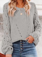 Openwork Round Neck Lantern Sleeve Sweater - Trendsi