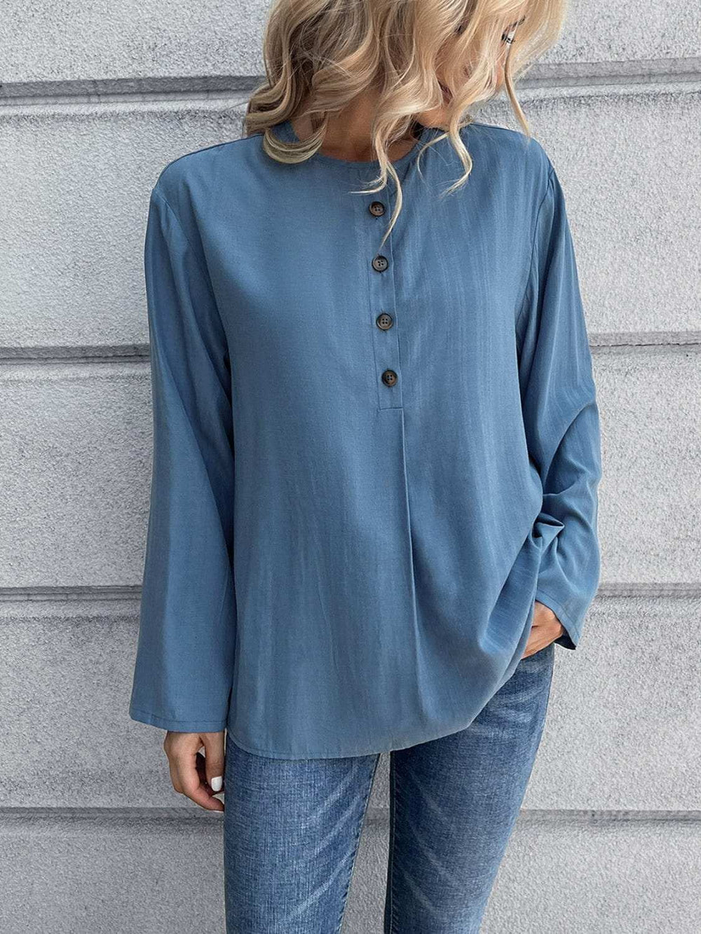 Half Button Long Sleeve Blouse - Trendsi - Flyclothing LLC