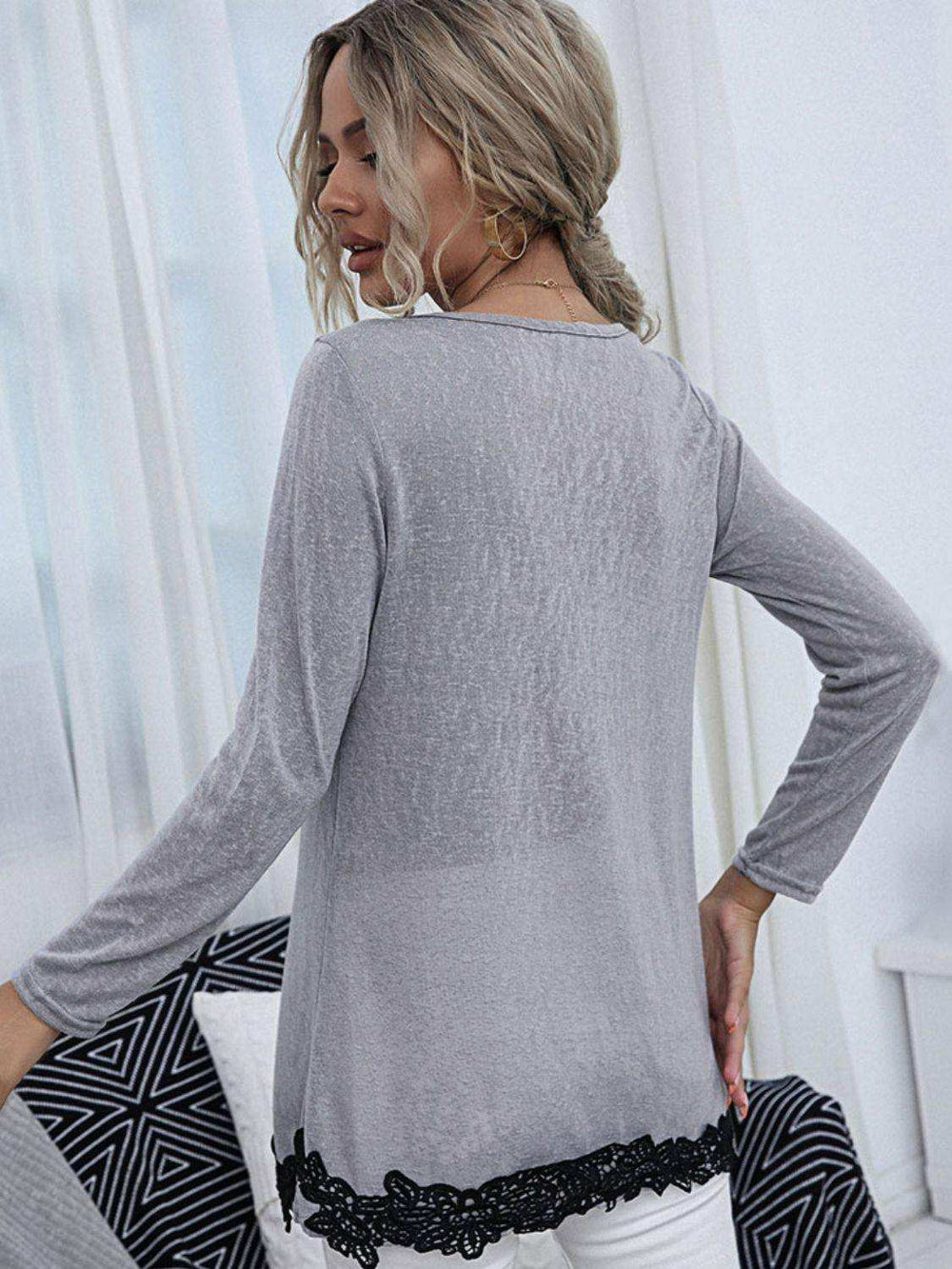 Spliced Lace Contrast Round Neck Top - Trendsi - Flyclothing LLC