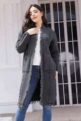 Fringe Trim Open Front Cardigan with Pockets - Trendsi