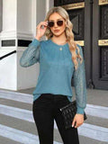 Waffle-Knit Round Neck Long Sleeve Blouse - Trendsi - Flyclothing LLC