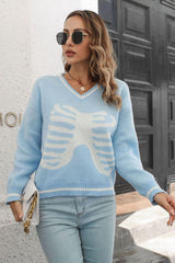 Skeleton Pattern V-Neck Long Sleeve Pullover Sweater - Flyclothing LLC