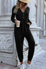 Button Front Belted Jogger Jumpsuit with Pockets - Trendsi