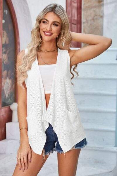Eyelet Open Front Sleeveless Cardigan - Trendsi - Flyclothing LLC