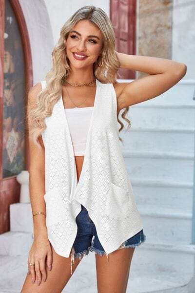 Eyelet Open Front Sleeveless Cardigan - Trendsi - Flyclothing LLC