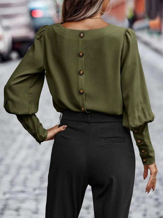Round Neck Lantern Sleeve Blouse - Trendsi - Flyclothing LLC