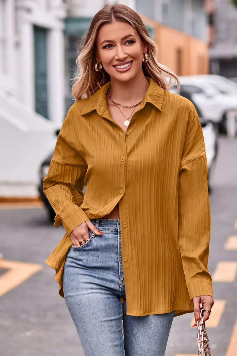 Slit Dropped Shoulder Longline Shirt - Trendsi - Flyclothing LLC