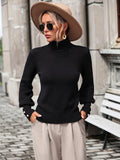 Mock Neck Ribbed Lantern Sleeve Pullover Sweater - Trendsi