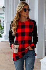 Plaid Round Neck Long Sleeve T-Shirt - Trendsi