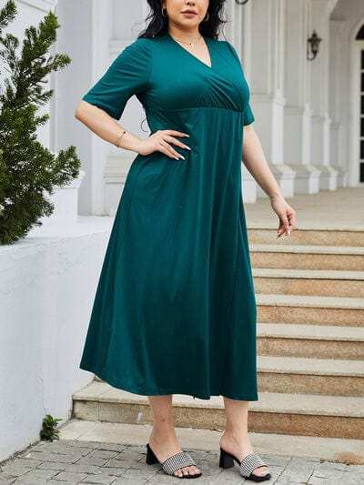Plus Size Slit Surplice Short Sleeve Midi Dress - Trendsi - Flyclothing LLC