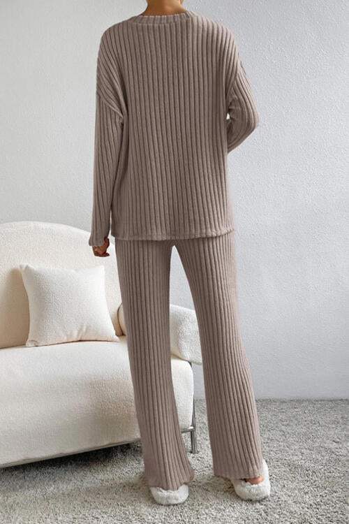 Ribbed V-Neck Top and Pants Set - Trendsi - Flyclothing LLC