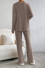 Ribbed V-Neck Top and Pants Set - Trendsi - Flyclothing LLC