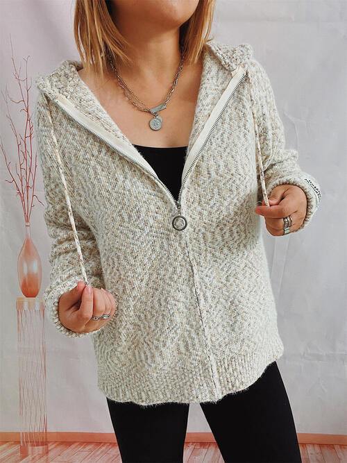 Zip Up Drawstring Long Sleeve Hooded Sweater - Flyclothing LLC