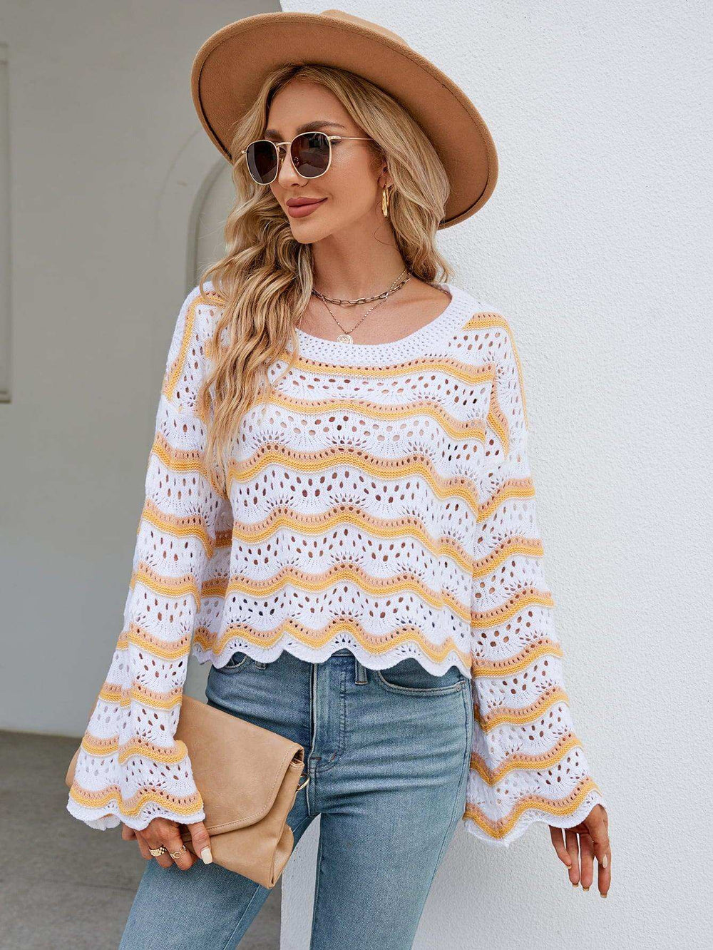 Round Neck Openwork Flare Sleeve Knit Top - Trendsi - Flyclothing LLC