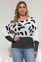 Plus Size Leopard Round Neck Long Sleeve Sweater - Trendsi - Flyclothing LLC