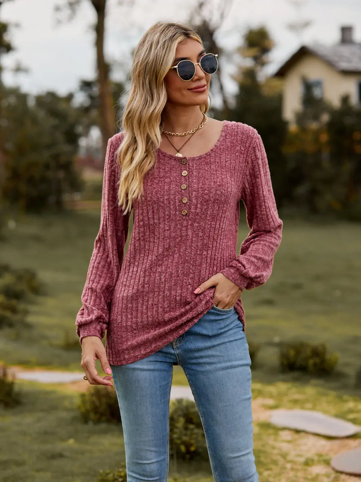 Round Neck Button-Down Long Sleeve Tee - Trendsi - Flyclothing LLC