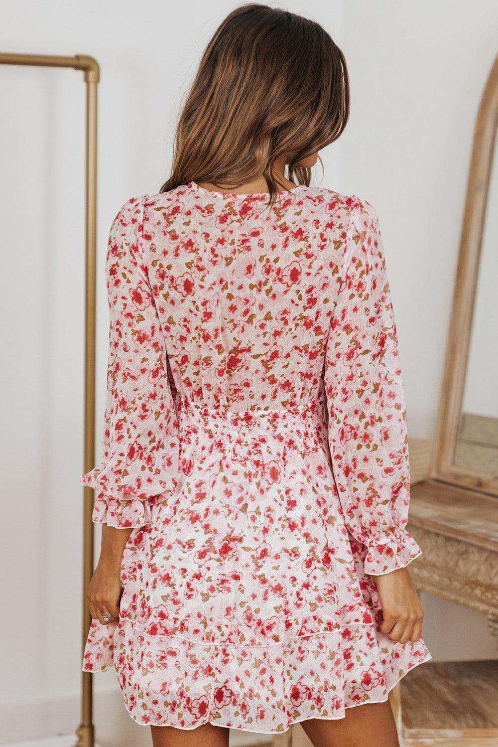 Floral Deep V Flounce Sleeve Mini Dress - Trendsi - Flyclothing LLC