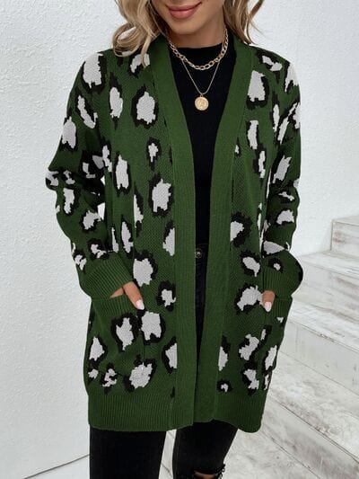 Leopard Open Front Dropped Shoulder Cardigan - Trendsi