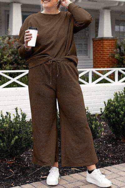 Double Take Full Size Textured Long Sleeve Top and Drawstring Pants Set - Trendsi - Flyclothing LLC