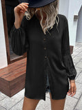 Notched Neck Balloon Sleeve Shirt - Trendsi - Flyclothing LLC