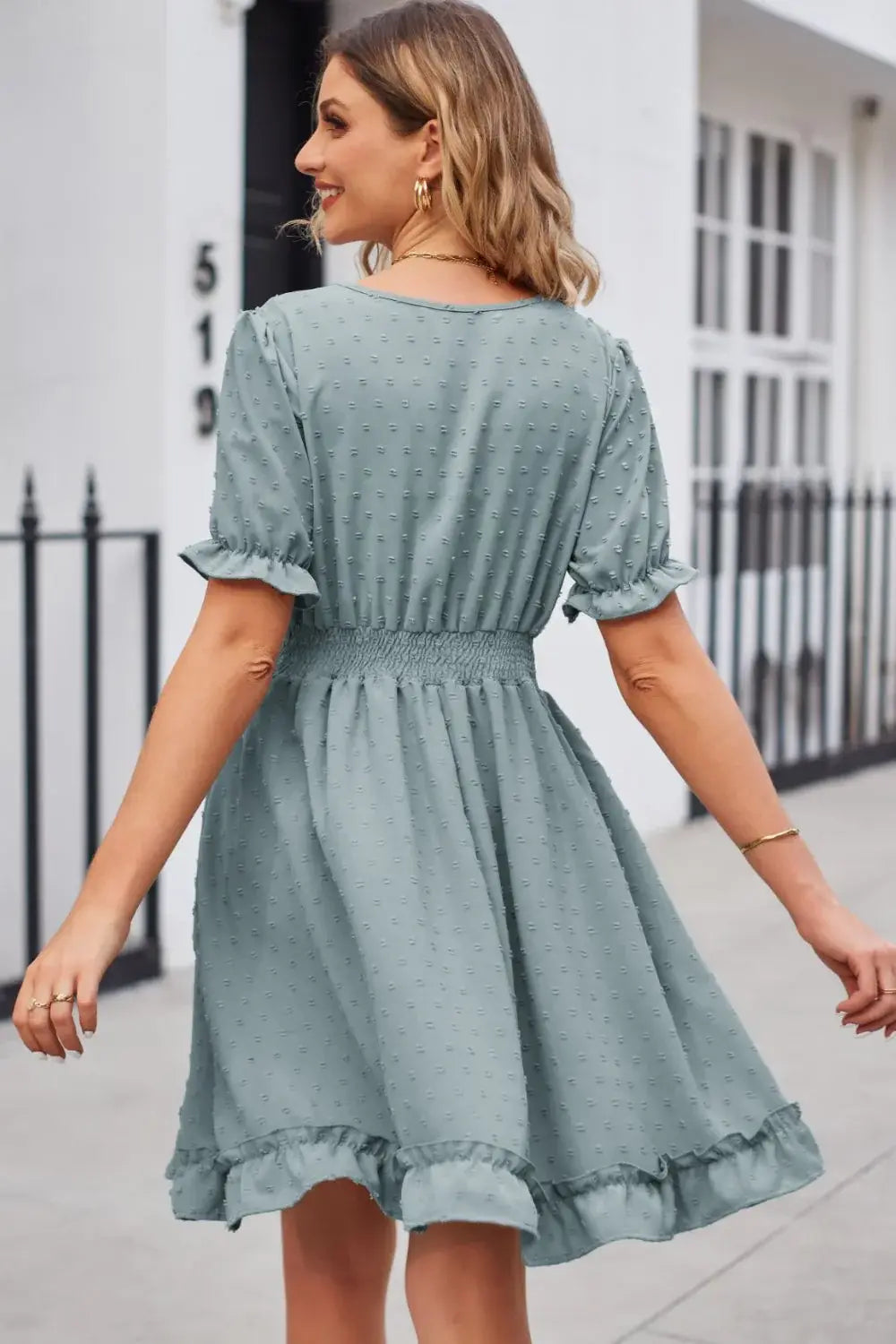 Swiss Dot Frill Trim Flounce Sleeve V-Neck Dress - Trendsi - Flyclothing LLC